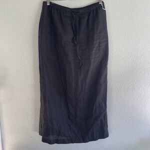 Vintage Linen Long Maxi Skirt Black Elastic Waist Lined Pockets JSong Sz 12